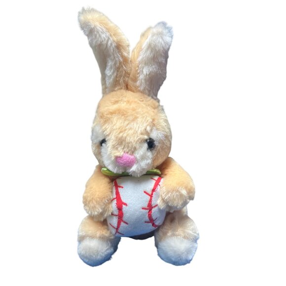 DanDee Plush Tan Easter Bunny Rabbit Plush Holding Baseball Stuffed Animal 9" - Picture 1 of 4